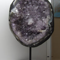 Large 12-inch amethyst cluster on metal stand with deep purple druzy crystals, 10 pounds.