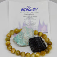 B.S. Blocker crystal bundle with Golden Tiger’s Eye bracelet, raw Amazonite and Black Tourmaline for protection, boundaries and confidence