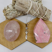 Rose Quartz, moonstone goddess pendant, rhodonite flame - Star Woman Crystals Divine Feminine Glow Bundle