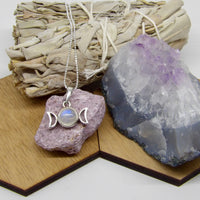 Moonstone Moon Phase necklace with lepidolite and amethyst cluster