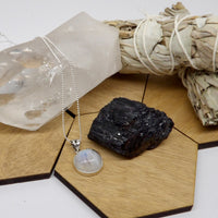Clear quartz point with rainbows, moonstone necklace and rough black tourmaline - Star Woman Crystals bundle