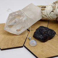 Clear quartz point with rainbows, moonstone necklace and rough black tourmaline - Star Woman Crystals bundle