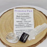Protection Pack crystal bundle with raw Black Tourmaline, tumbled Clear Quartz and Selenite wand for grounding, protection and energetic cleansing
