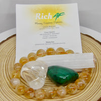 Rich AF crystal bundle with 10mm Citrine bracelet, tumbled Malachite, Clear Quartz and Selenite wand for abundance and manifestation