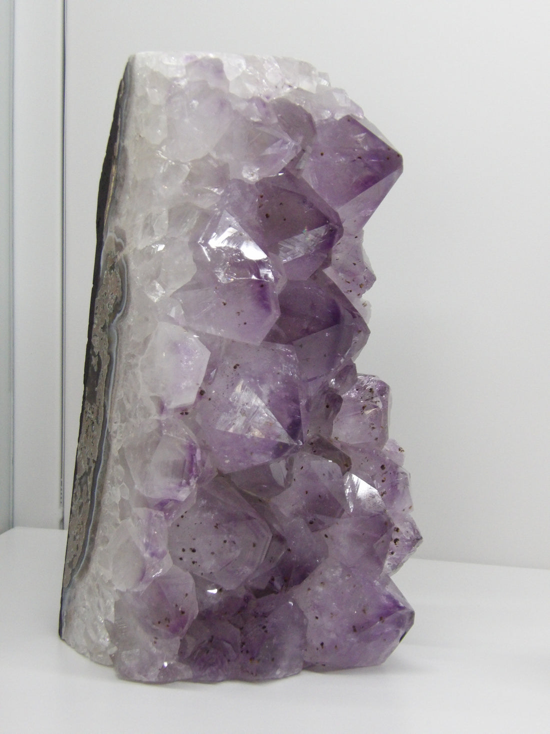Amethyst cut base cluster showing polished edge and deep violet crystal points – natural Brazilian amethyst from Star Woman Crystals.