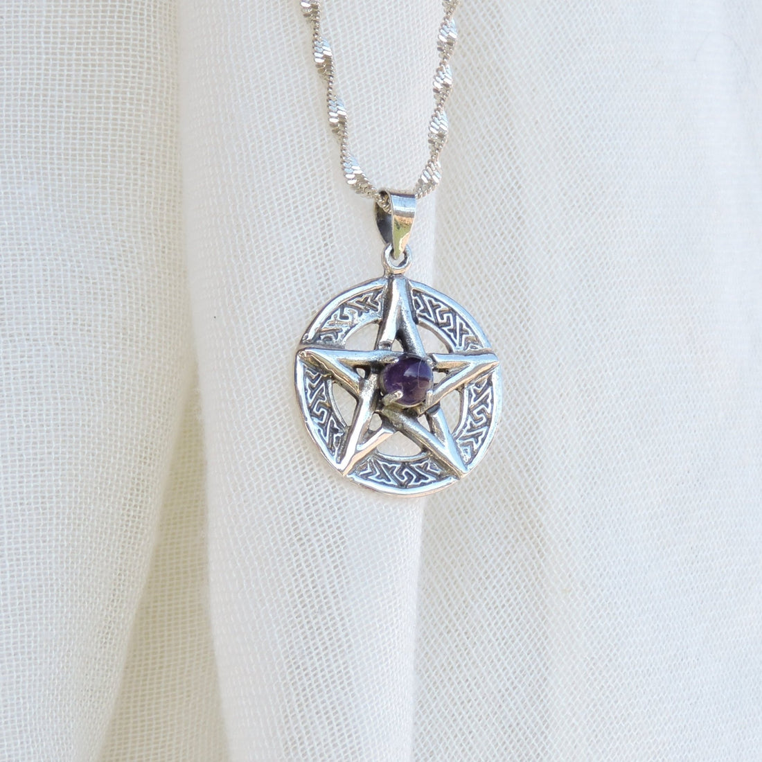 Amethyst and Sterling Silver Pentacle Pendant