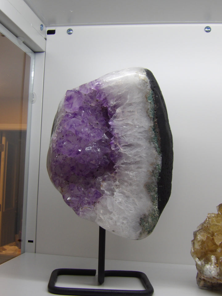 Semi-polished amethyst cluster on stand, 11-lb deep purple crystal with druzy sparkle