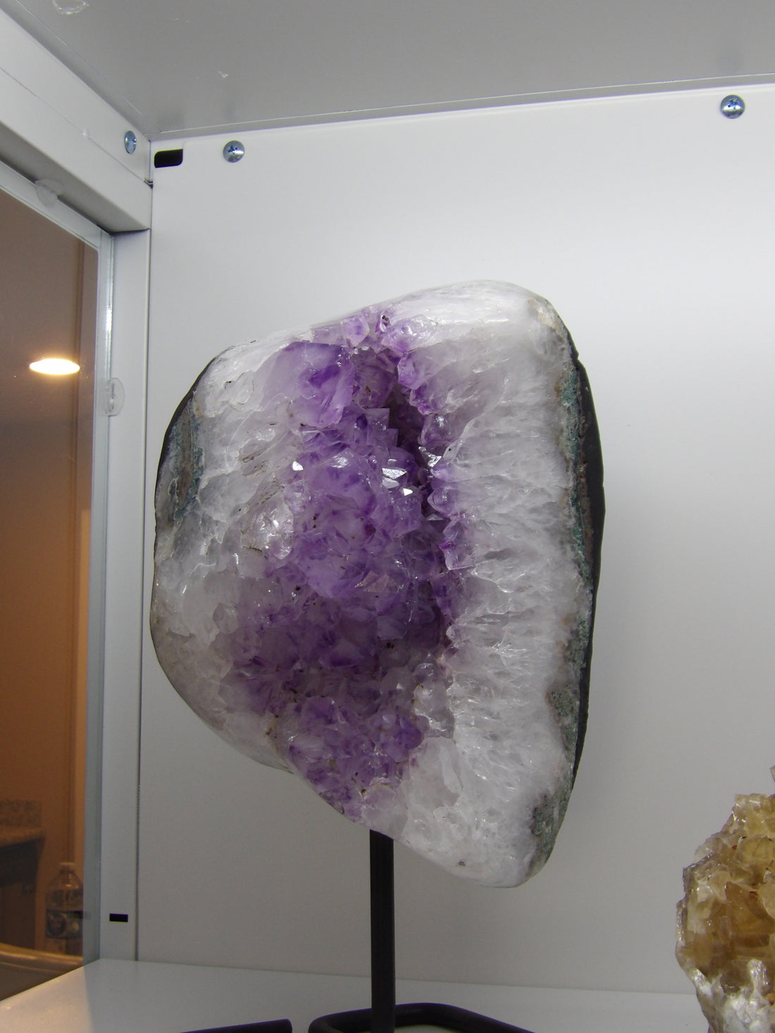 Semi-polished amethyst cluster on stand, 11-lb deep purple crystal with druzy sparkle