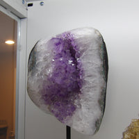 Semi-polished amethyst cluster on stand, 11-lb deep purple crystal with druzy sparkle