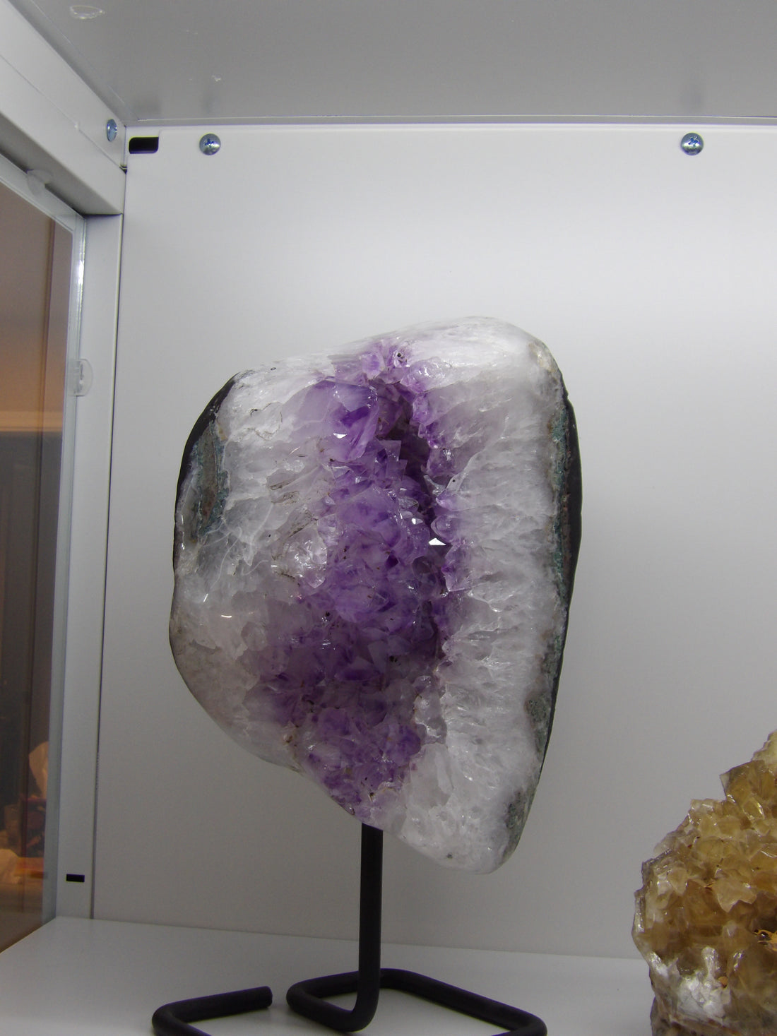 Semi-polished amethyst cluster on stand, 11-lb deep purple crystal with druzy sparkle