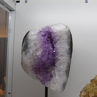Semi-polished amethyst cluster on stand, 11-lb deep purple crystal with druzy sparkle