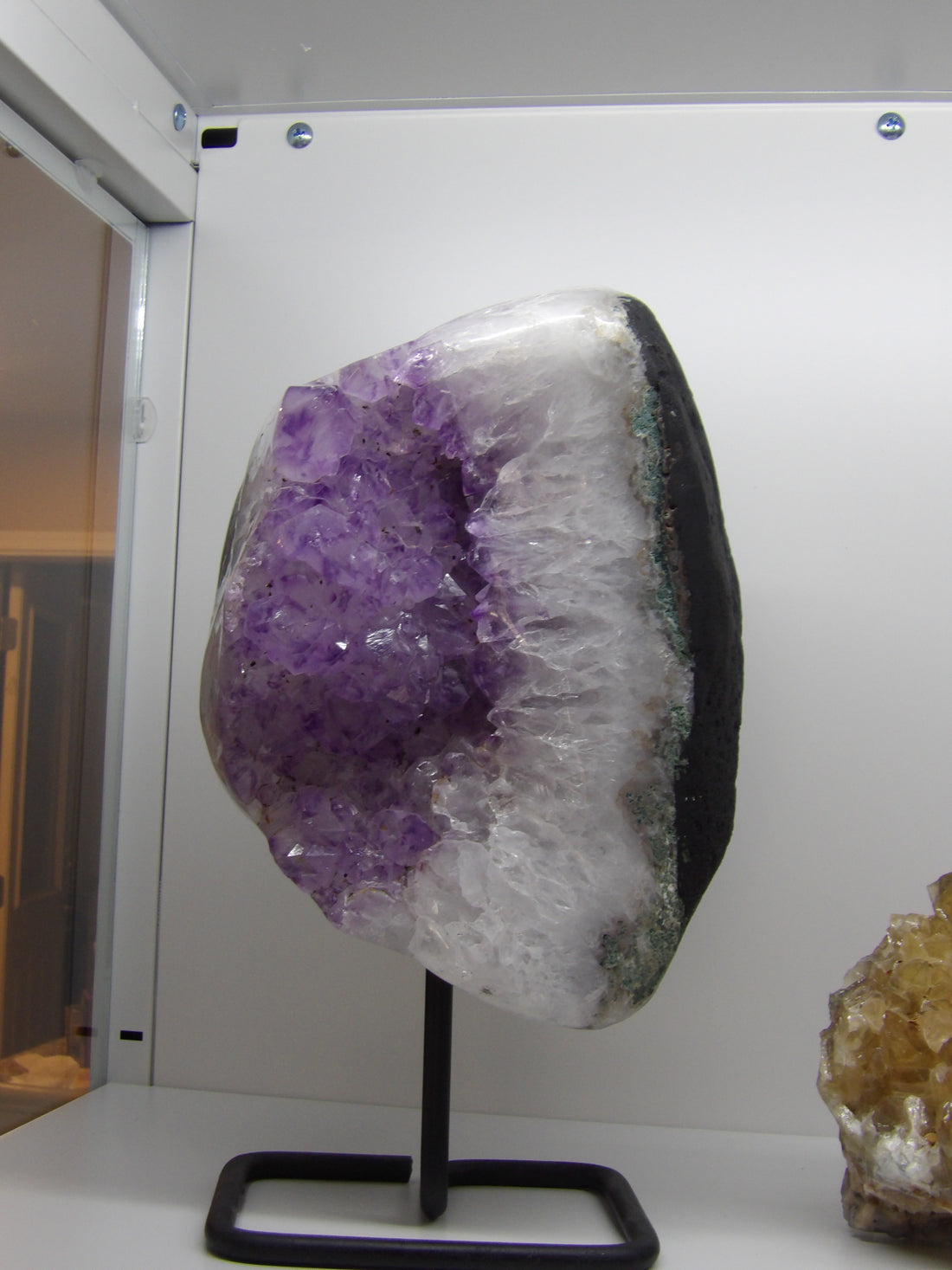 Semi-polished amethyst cluster on stand, 11-lb deep purple crystal with druzy sparkle