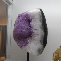 Semi-polished amethyst cluster on stand, 11-lb deep purple crystal with druzy sparkle