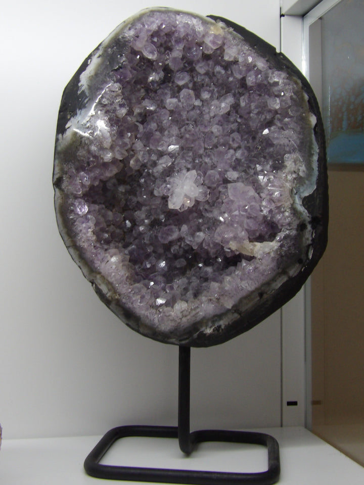 Large 12-inch amethyst cluster on metal stand with deep purple druzy crystals, 10 pounds.