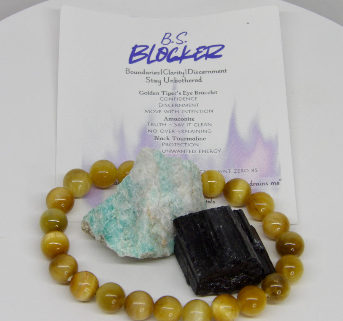 B.S. Blocker crystal bundle with Golden Tiger’s Eye bracelet, raw Amazonite and Black Tourmaline for protection, boundaries and confidence