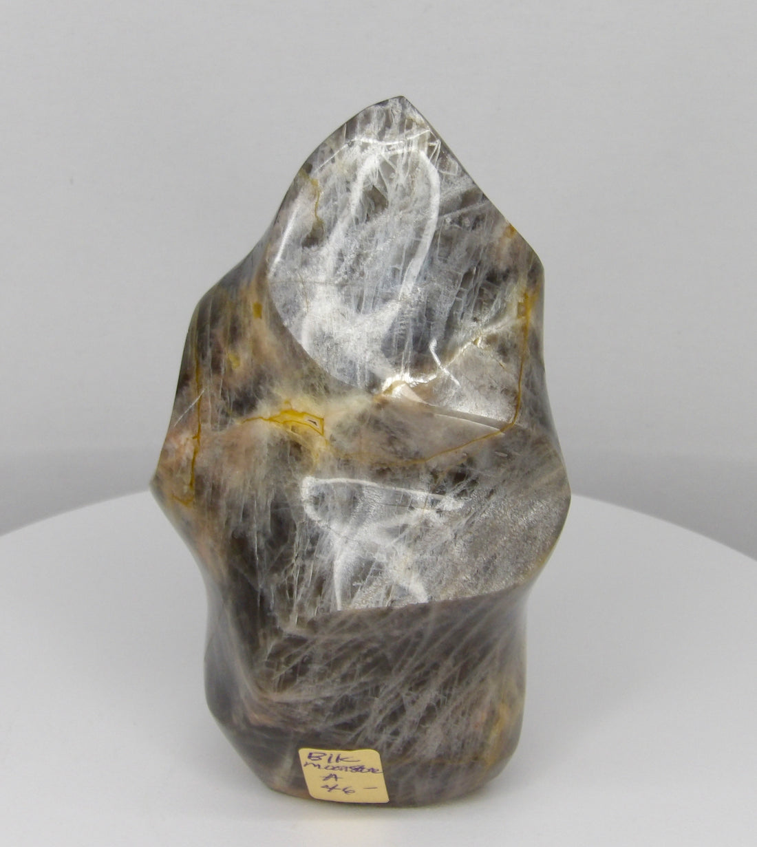 Natural Black Moonstone crystal flame with silver sheen