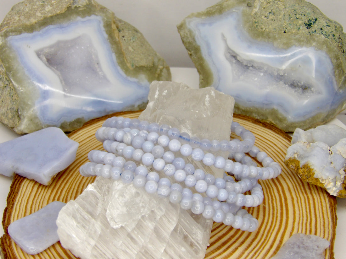 Natural 5 mm Blue Lace Agate stretch bracelet with polished pale blue banded gemstone beads.
