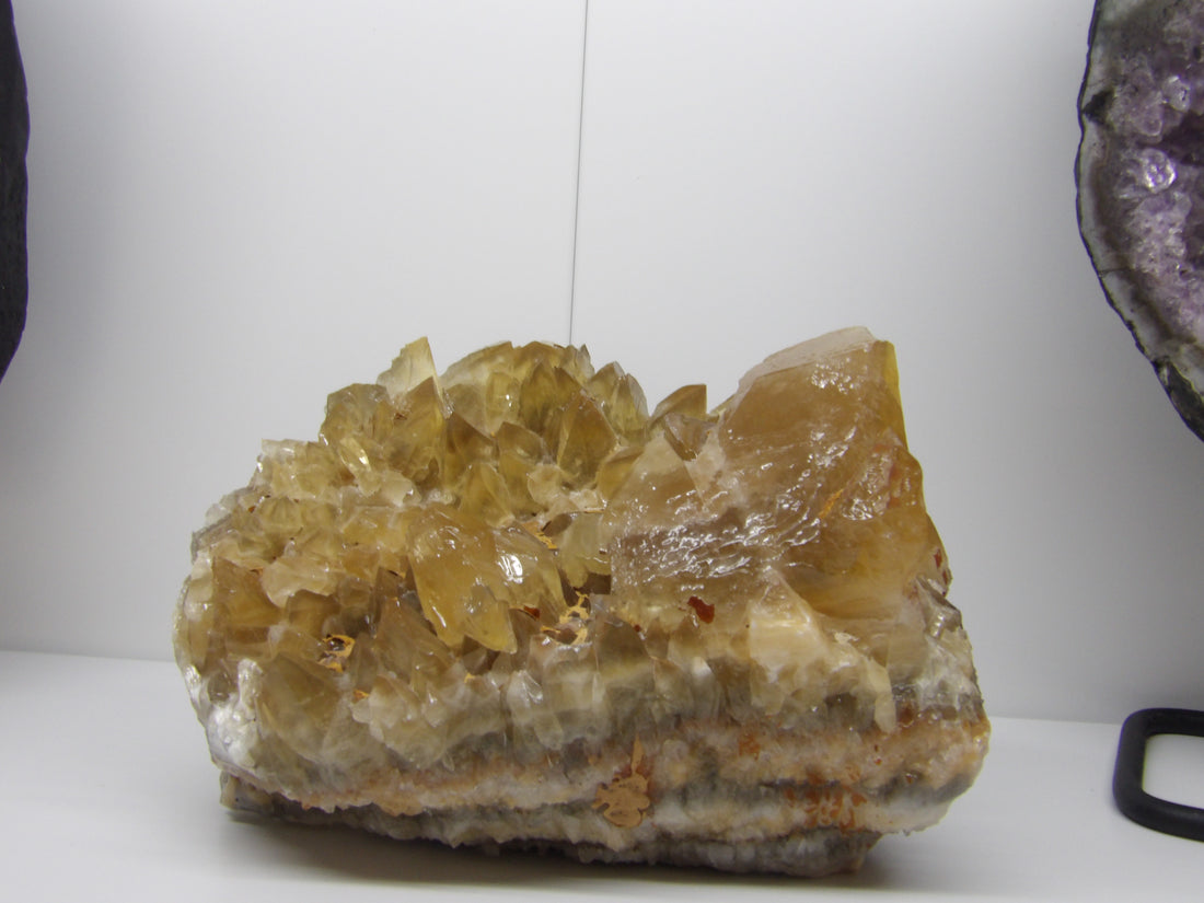 Large golden Calcite Dogtooth Cluster crystal, 6 lbs, 8x6x4 inches, with sharp honey-colored terminations on display.