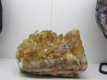 Large golden Calcite Dogtooth Cluster crystal, 6 lbs, 8x6x4 inches, with sharp honey-colored terminations on display.