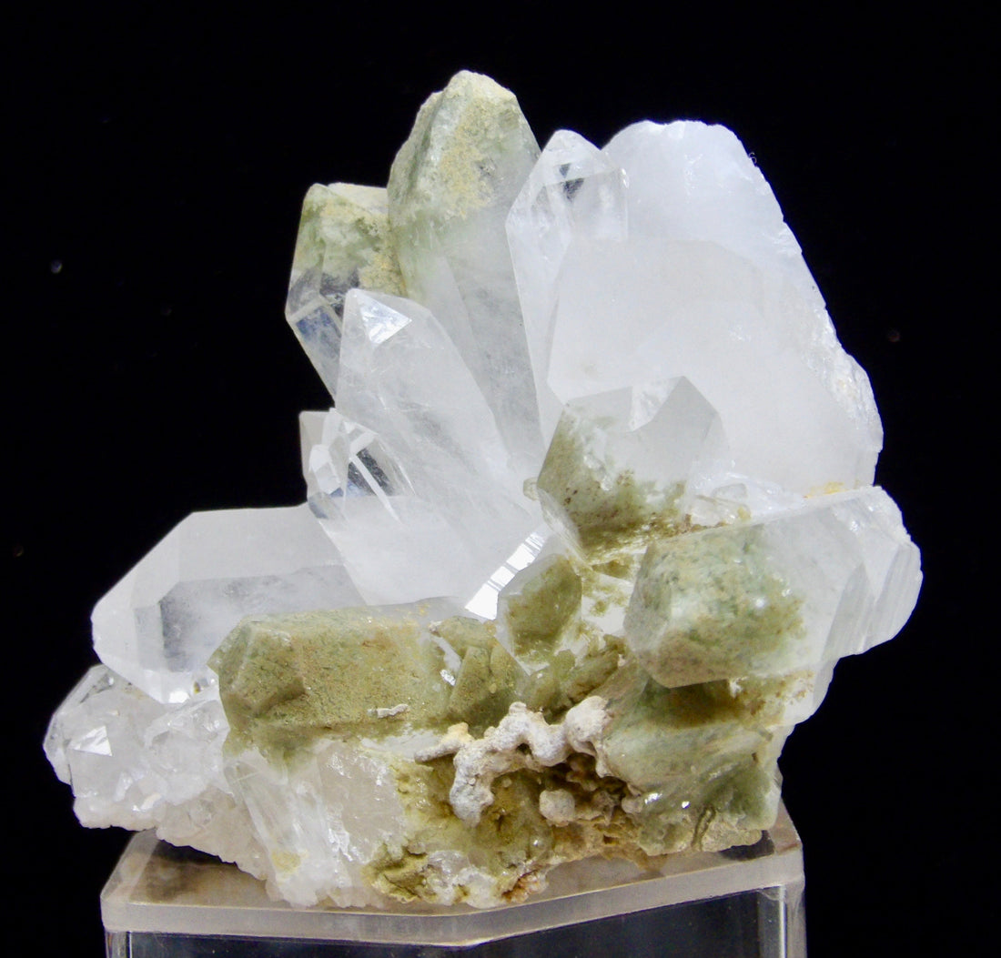 Natural 188g Chlorite Quartz cluster from Balochistan Pakistan with multiple white and clear quartz points featuring mossy green chlorite inclusions near the terminations.