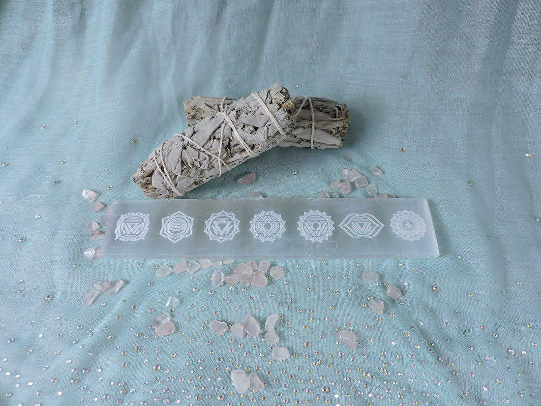 Selenite Charging Plate with Chakras - 8" (Price Per Piece)