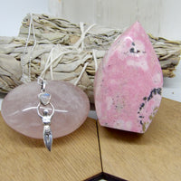 Rose Quartz, moonstone and rhodonite flame