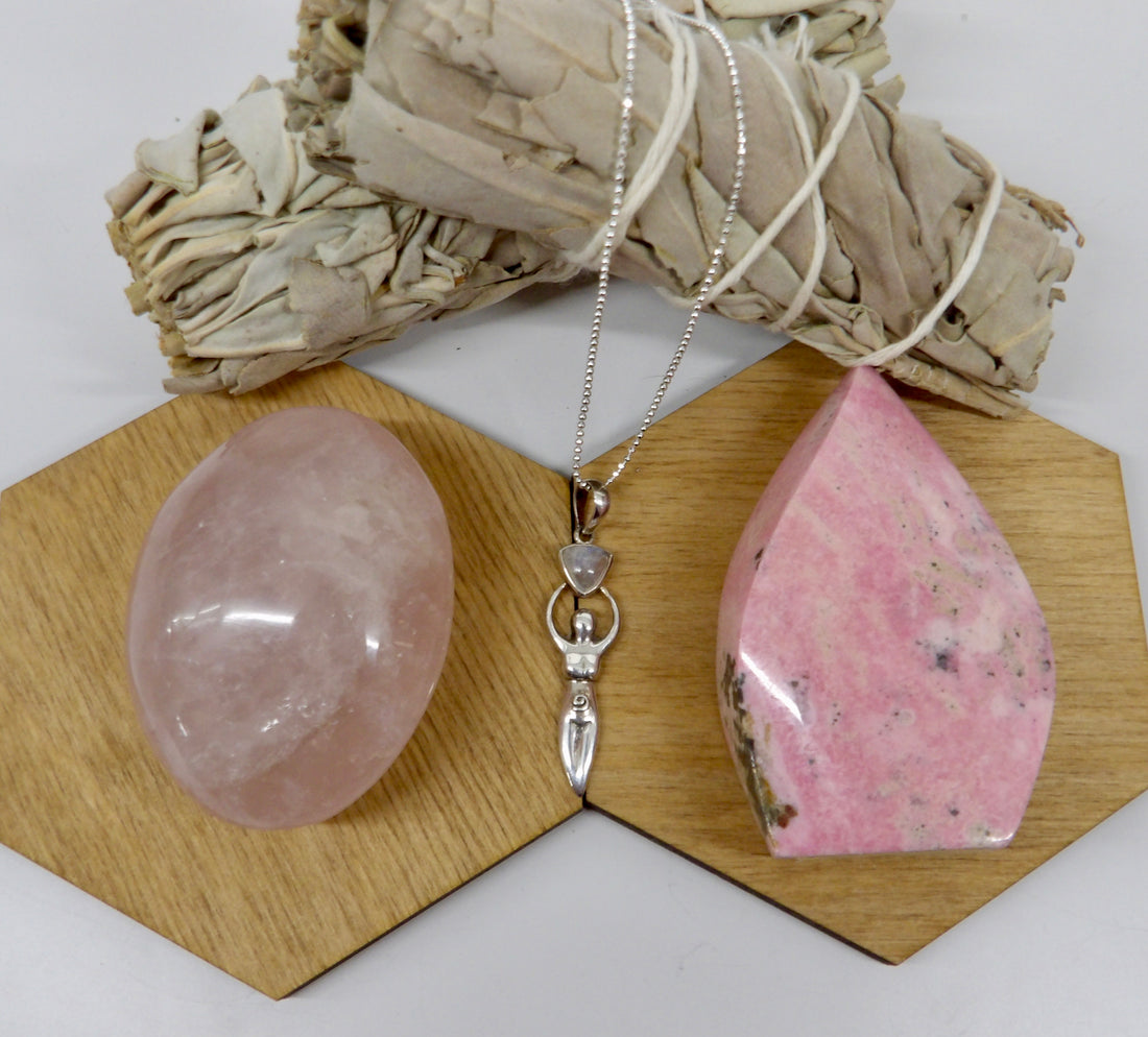 Rose Quartz, moonstone goddess pendant, rhodonite flame - Star Woman Crystals Divine Feminine Glow Bundle