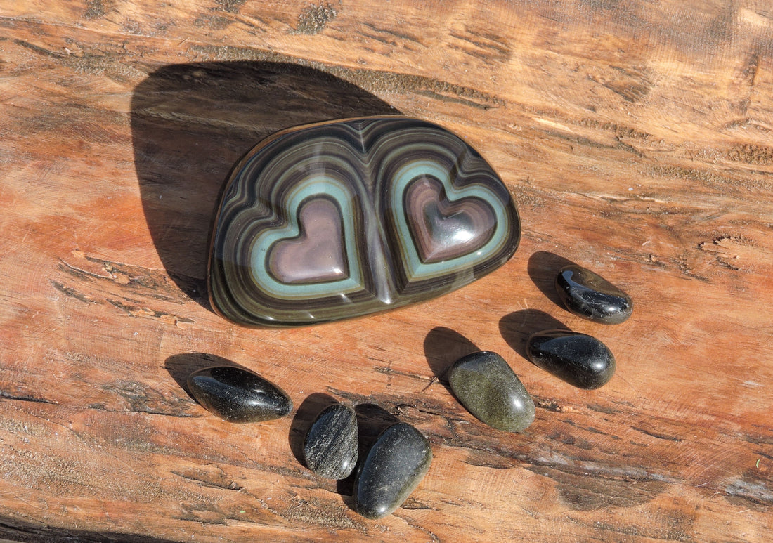 Hand-Carved Rainbow Obsidian Stones – Star and Heart Designs