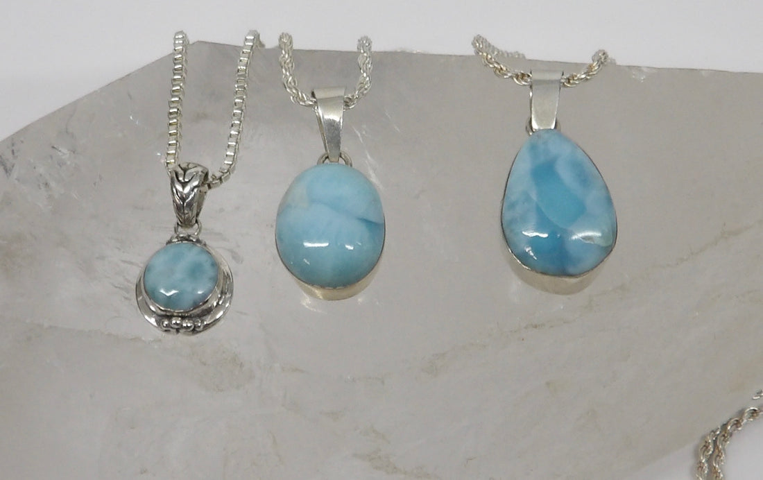Natural Dominican Larimar sterling silver pendants with Caribbean blue and white patterning