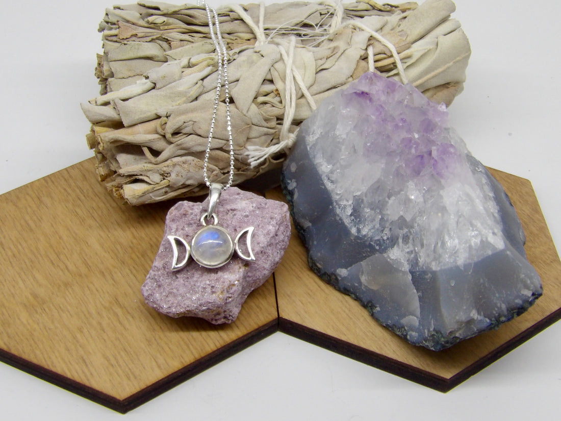 Moonstone Moon Phase necklace with lepidolite and amethyst cluster
