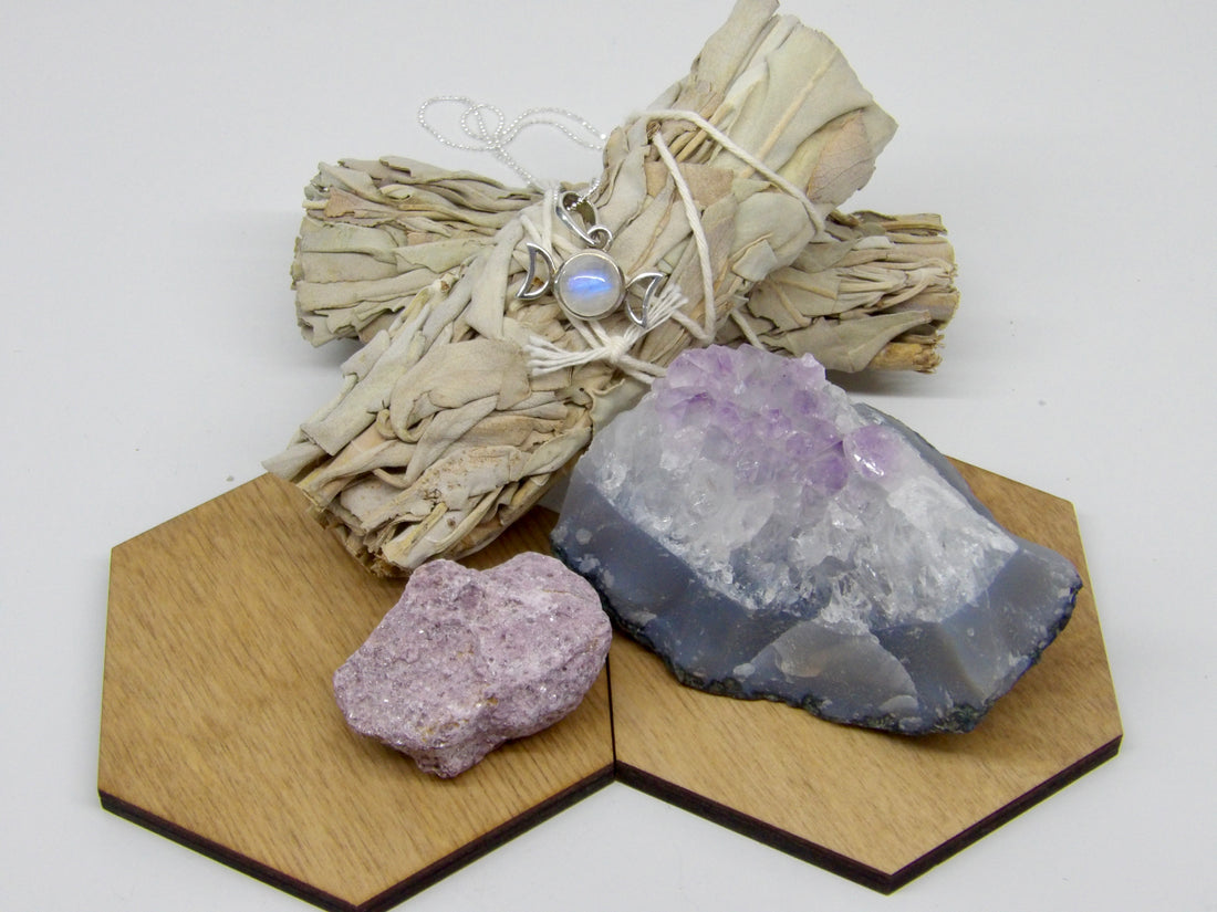 Moon phase moonstone necklace Rough Lepidolite and raw amethyst cluster