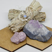 Moon phase moonstone necklace Rough Lepidolite and raw amethyst cluster