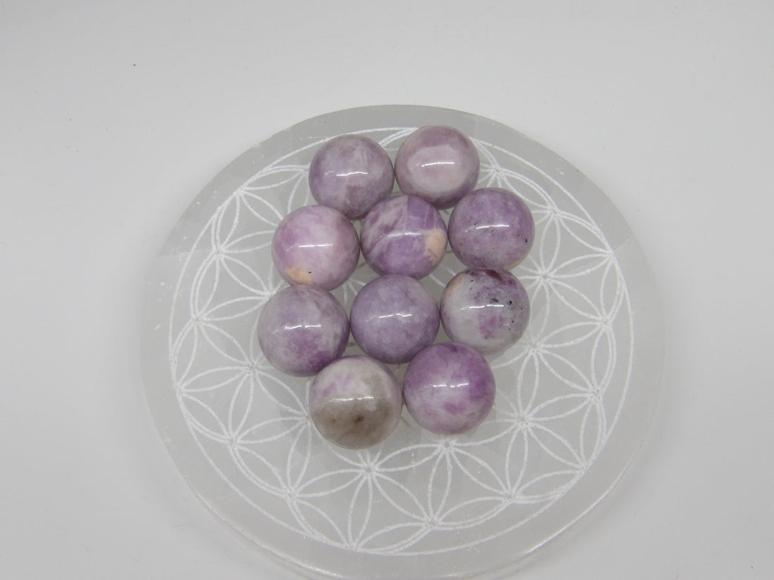 Mini Lepidolite Spheres on Selenite