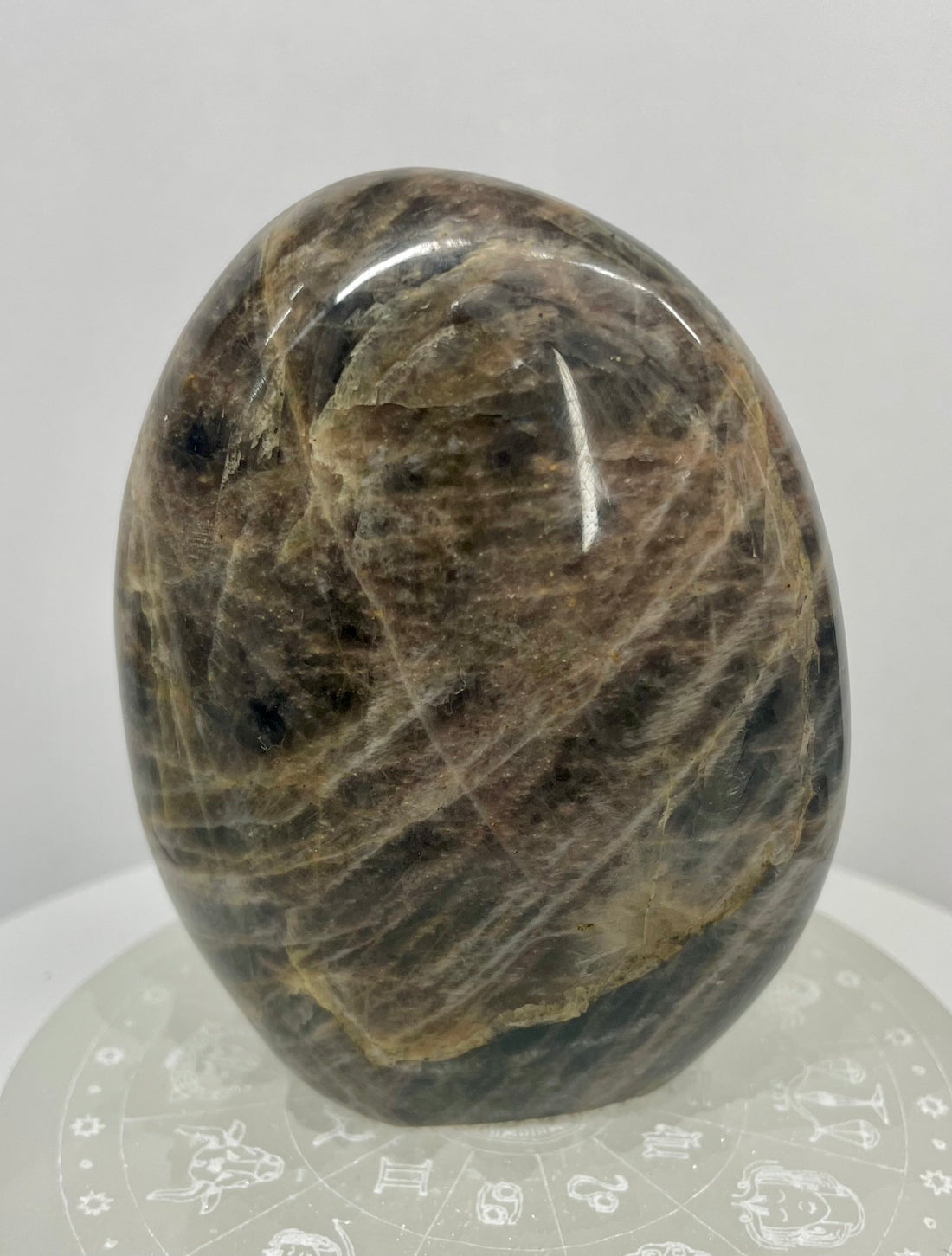 Natural Black Moonstone freeform with soft silvery sheen and distinctive feldspar patterning. A polished one-of-a-kind display specimen from Star Woman Crystals.