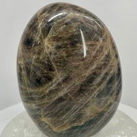Natural Black Moonstone freeform with soft silvery sheen and distinctive feldspar patterning. A polished one-of-a-kind display specimen from Star Woman Crystals.