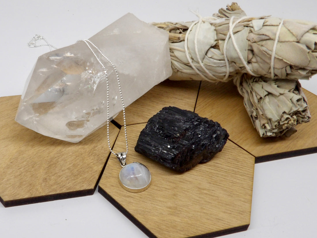 Clear quartz point with rainbows, moonstone necklace and rough black tourmaline - Star Woman Crystals bundle