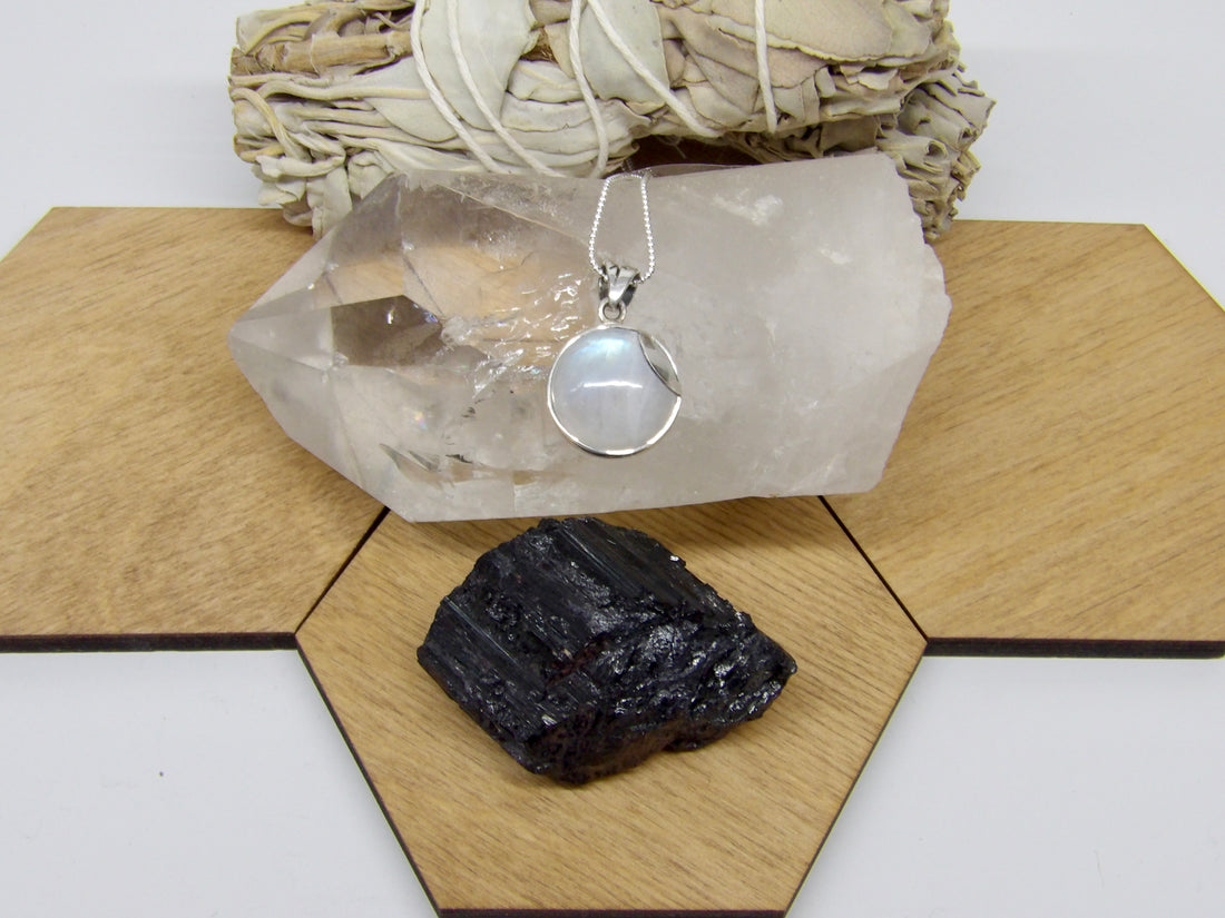 Moonstone Necklace on semi polished clear quartz point with rainbows and black tourmaline