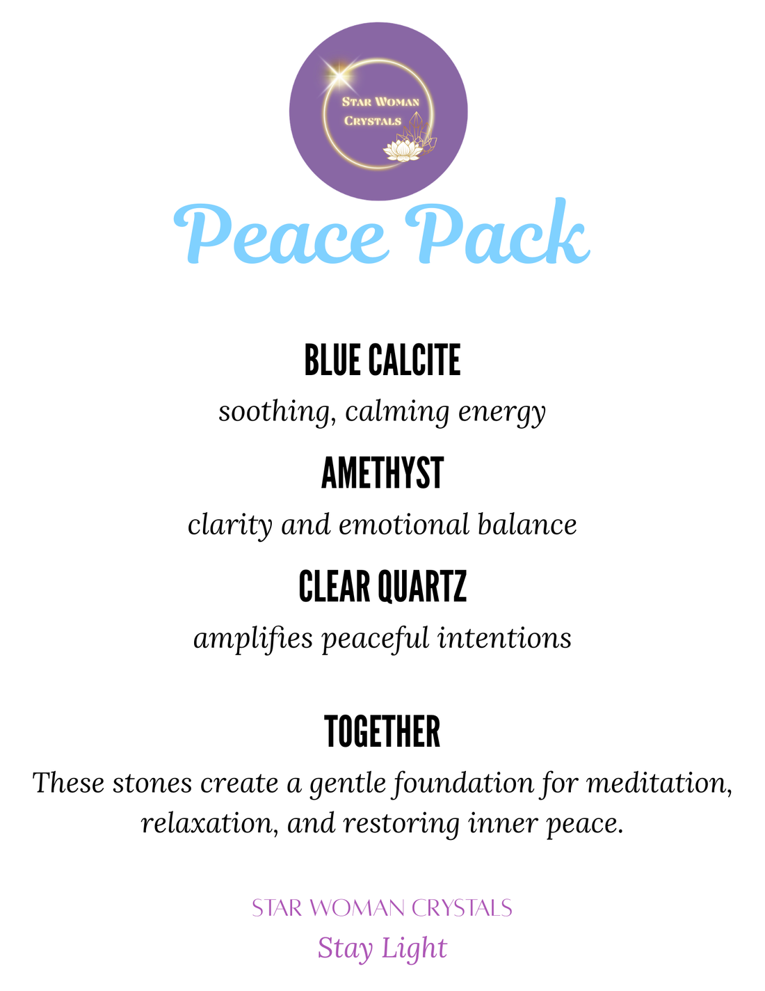 Peace Pack Crystal Bundle | Blue Calcite, Amethyst & Clear Quartz