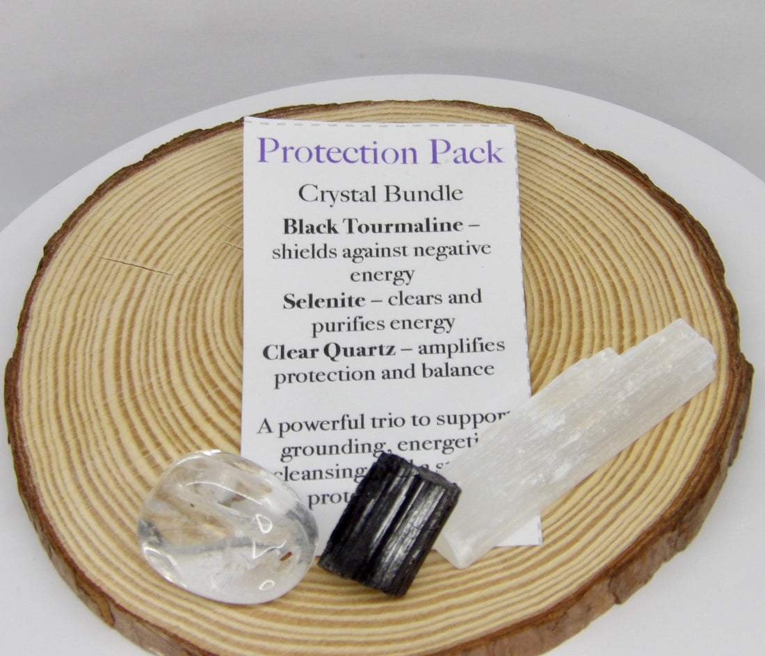 Protection Pack crystal bundle with raw Black Tourmaline, tumbled Clear Quartz and Selenite wand for grounding, protection and energetic cleansing