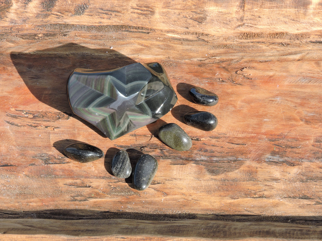 Hand-Carved Rainbow Obsidian Stones – Star and Heart Designs