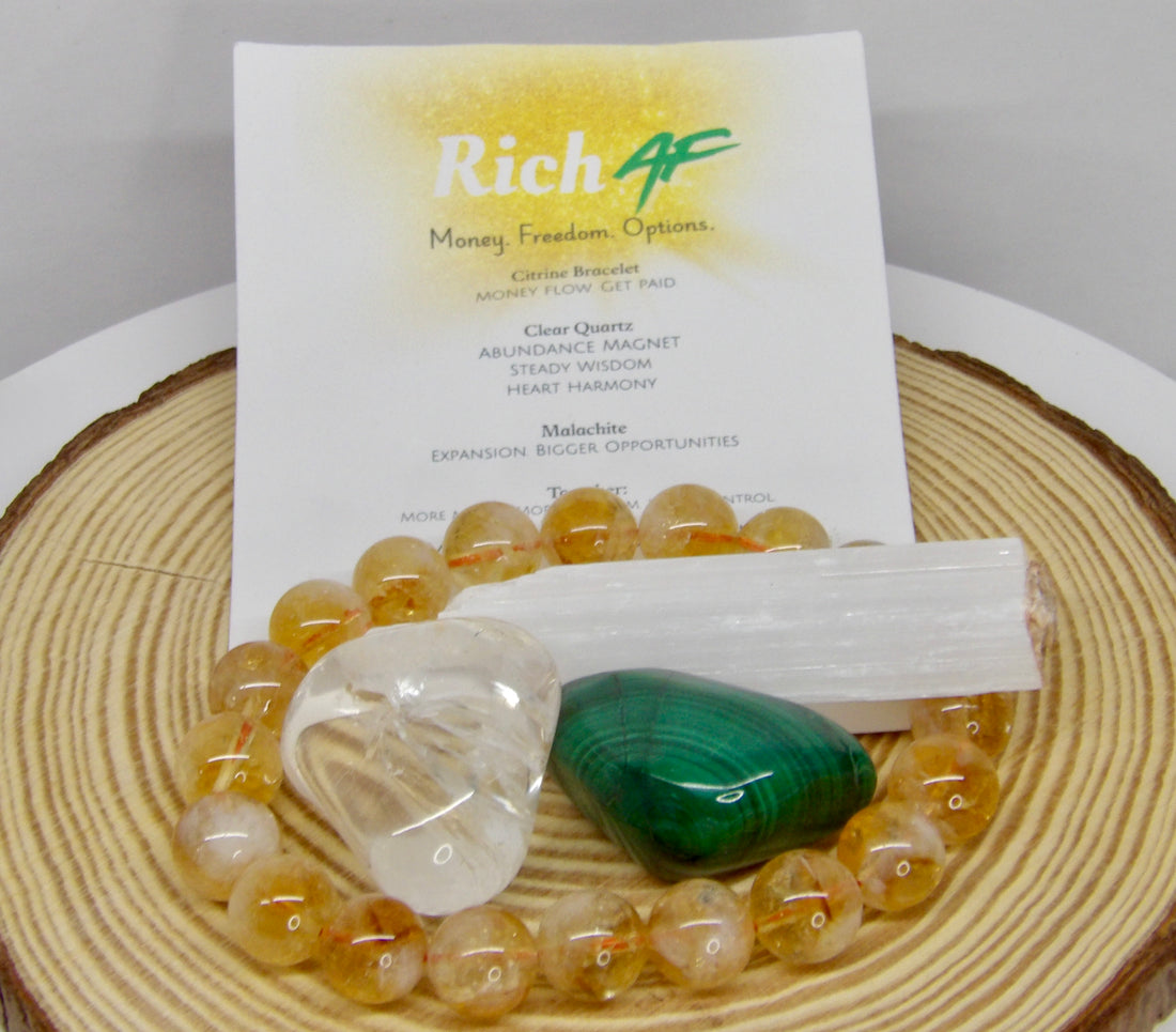 Rich AF crystal bundle with 10mm Citrine bracelet, tumbled Malachite, Clear Quartz and Selenite wand for abundance and manifestation
