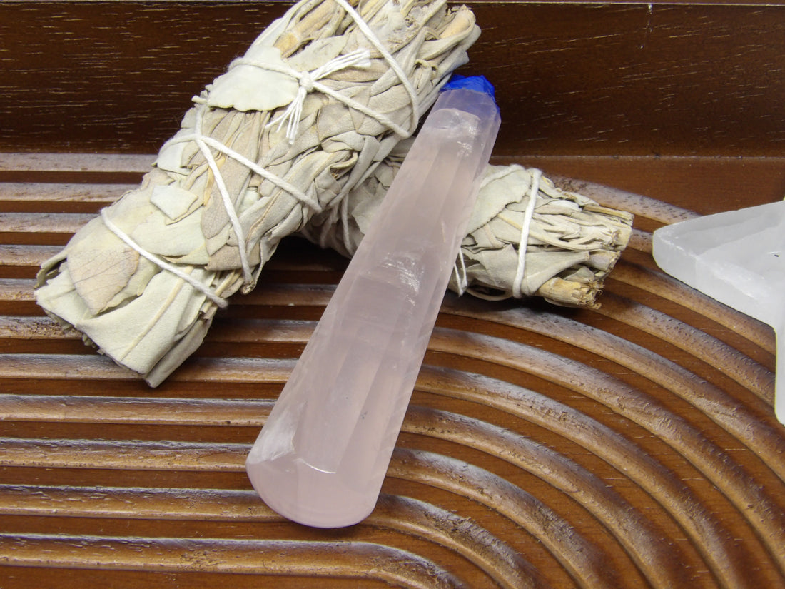 polished rose quartz wand 12 sides