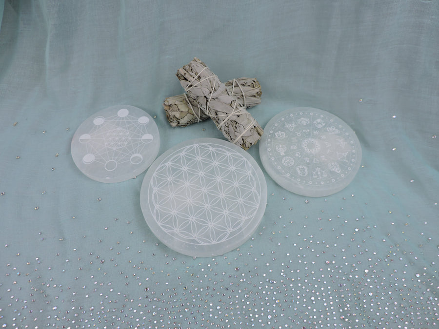 Selenite Cleansing Plates with Etchings (Round) - Choose Your Crystal