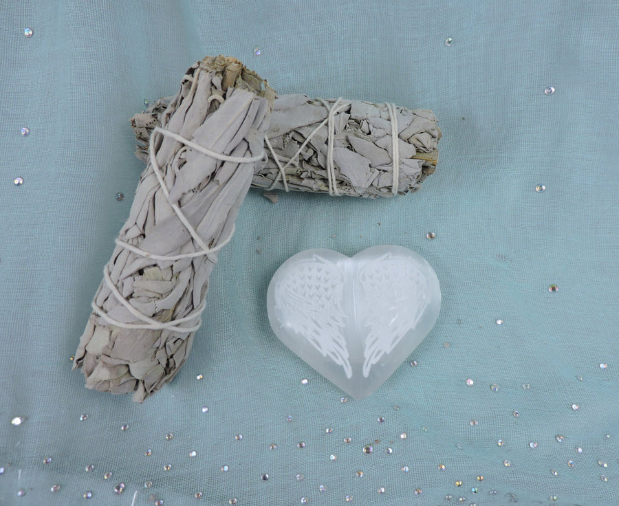 Selenite Heart - Etched with Angel Wings $15