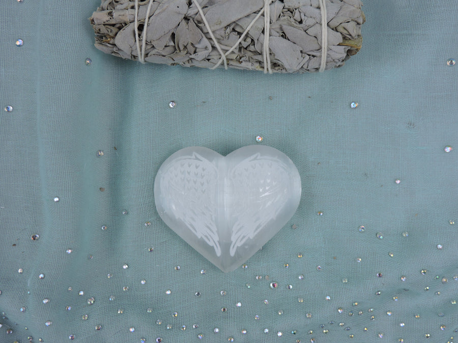 Selenite Heart - Etched with Angel Wings $15