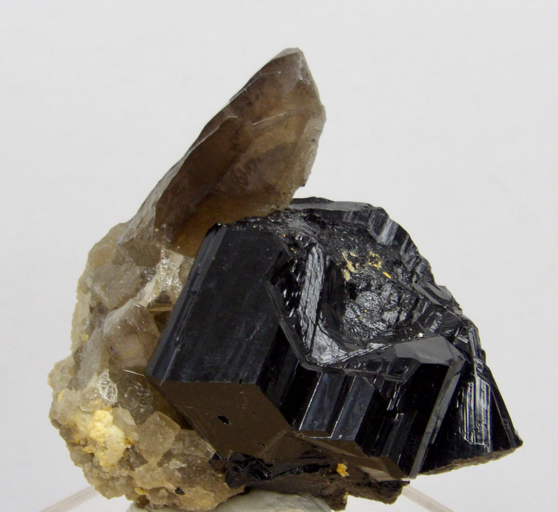 Natural smoky quartz on lustrous black tourmaline mineral specimen from Namibia, 213 grams