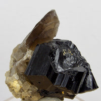 Natural smoky quartz on lustrous black tourmaline mineral specimen from Namibia, 213 grams