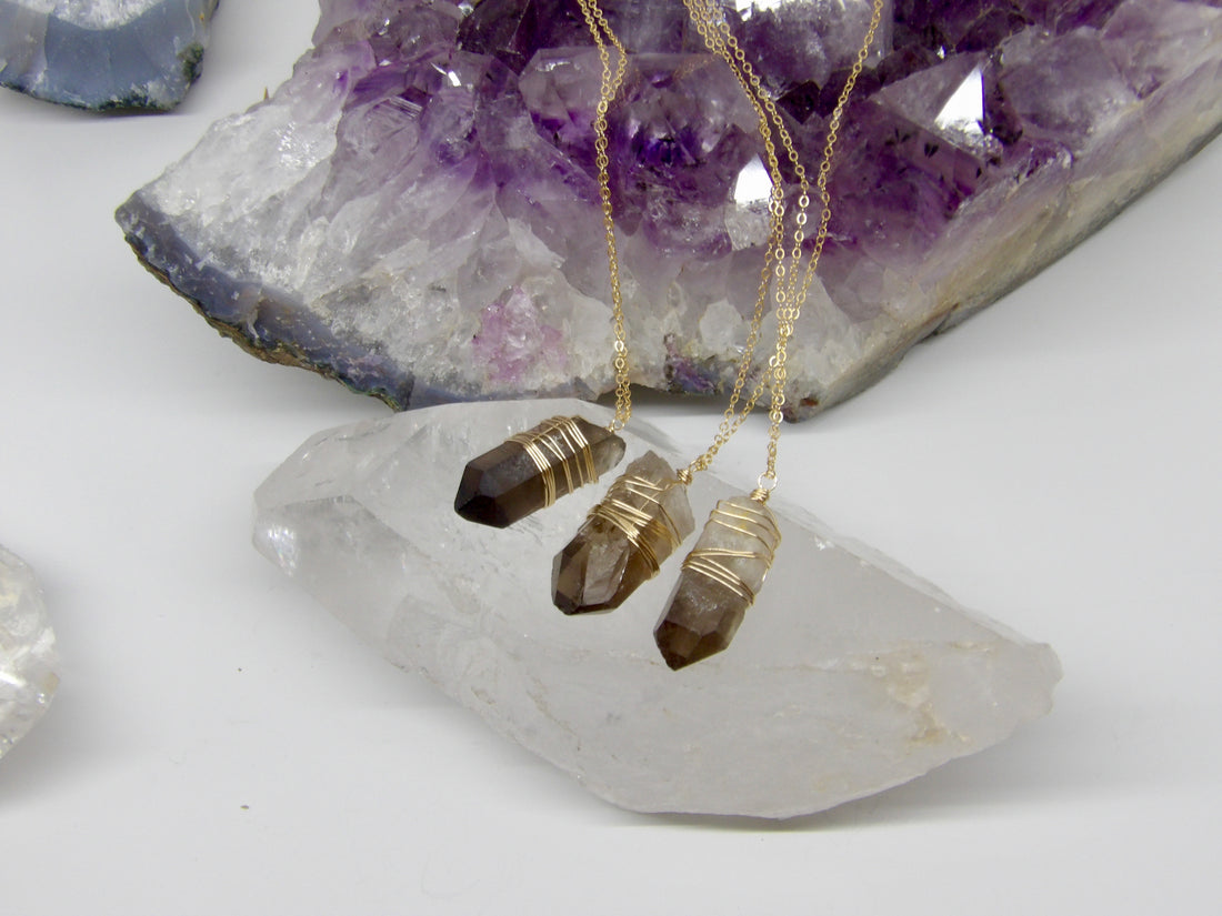 14 kt gold filled wrapped smoky quartz necklace