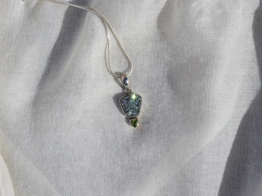 Titanium Aura Drusy and Peridot Pendant