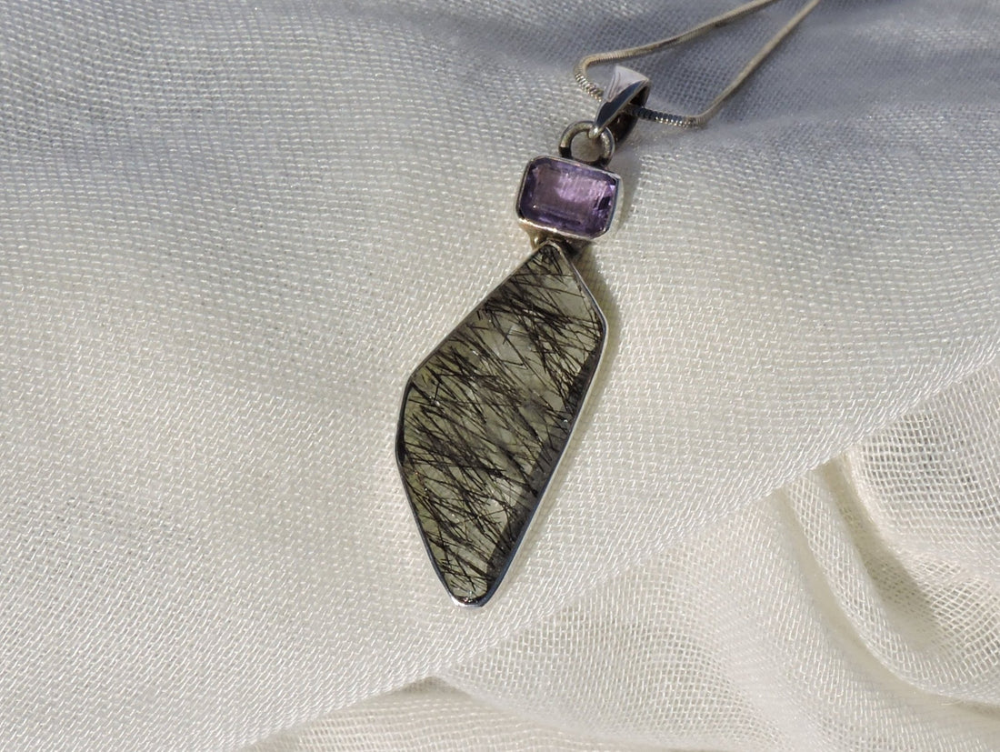 Tourmalated Quartz and Amethyst Pendant